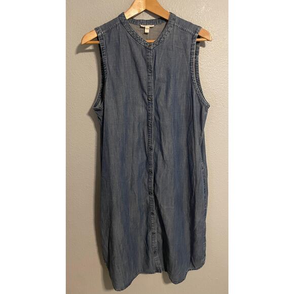 Eileen Fisher Dresses & Skirts - Eileen Fisher Shirt Dress Womens Large Blue Denim Tencel Sleeveless Button Front